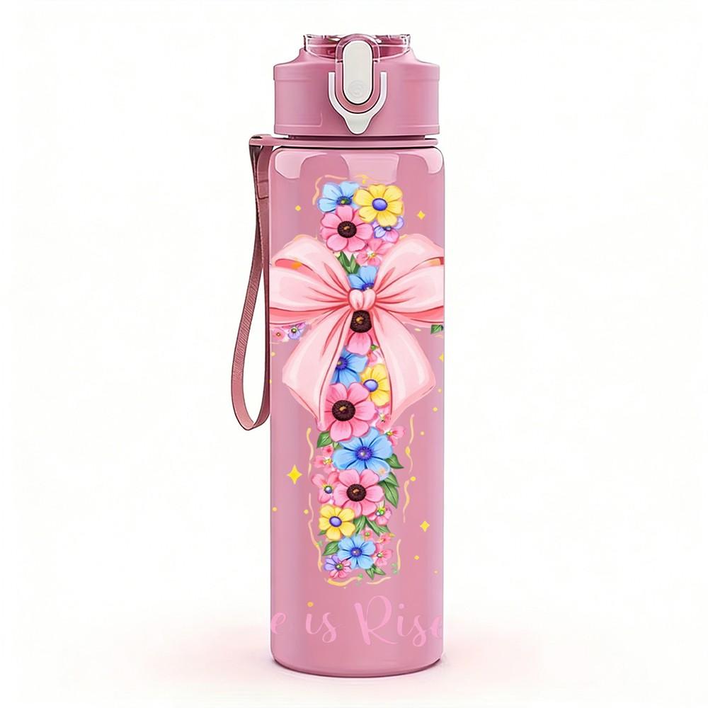 1PC He Is Risen Cross Flower Faith Art 750ml Color Plastic Sports Water Bottle Leakproof Flip Straw Lid Suitable for Sports Office Home Use