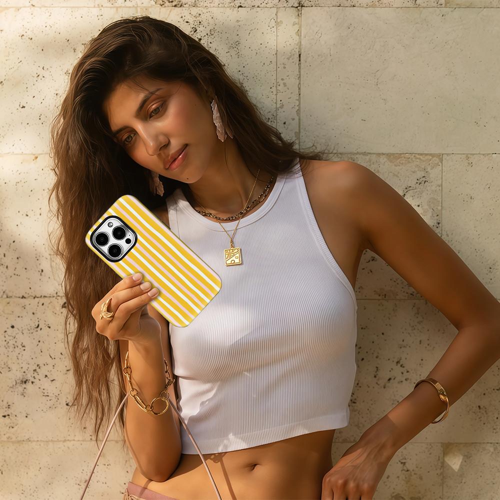 Yellow Powder Vertical Stripes Phone Case for iPhone 17 16 15 14 13 12 11 Pro Max Air Plus Luxury Double-layer Back Cover