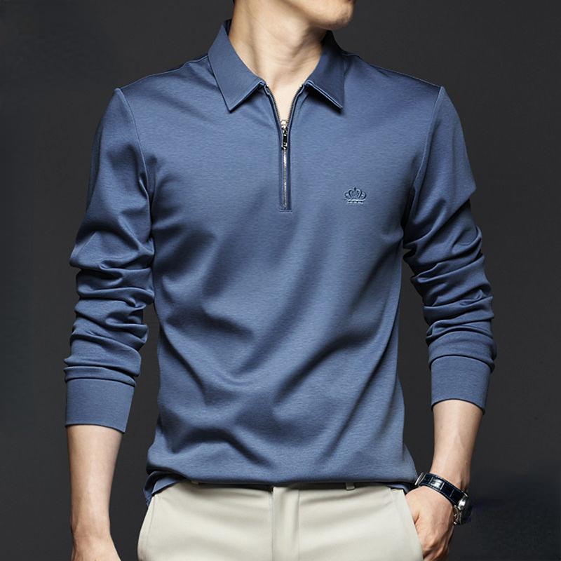 

Korean Fashion Men Solid Polo Shirts Spring Autumn T-shirt Streetwear Business Casual Embroidered Loose Long Sleeve Slim Top