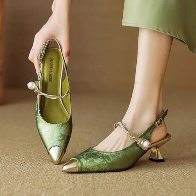 Fashion Women's Sandals Summer New Retro Pointy Low Heel Buckle Toe High Heels Fashion Temperament Pearl Stiletto Sandals