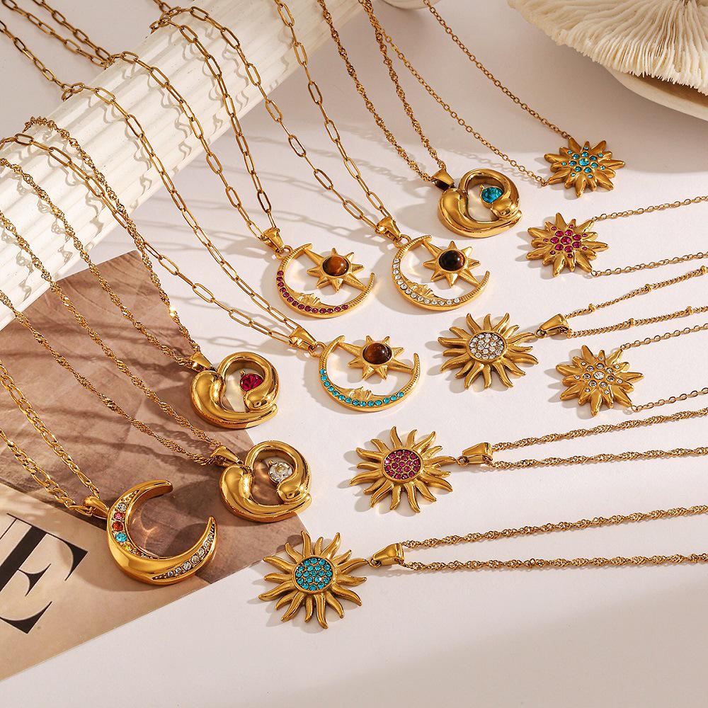 Yingtai 18k Gold Stainless/Titanium Steel Necklace: Summer Star, Moon & Sun Design, High-Quality Polished Finish for Women.