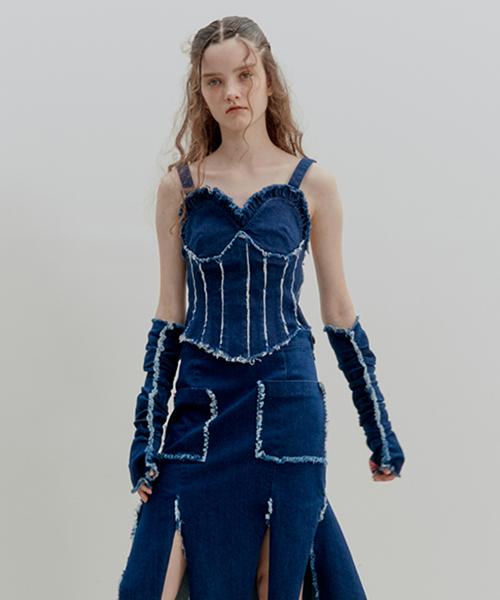 Fake Mama [Fake Mama X Dewy Dewy] Washed Denim Bustier_Deep Blue Dark Blue/Free
