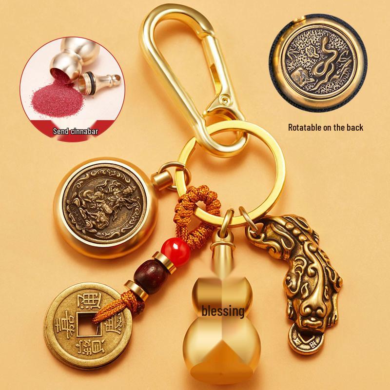 Pixiu Guardian Brass Pendant: Five Emperors Coins & Zodiac Buddha Keychain for Wealth & Protection