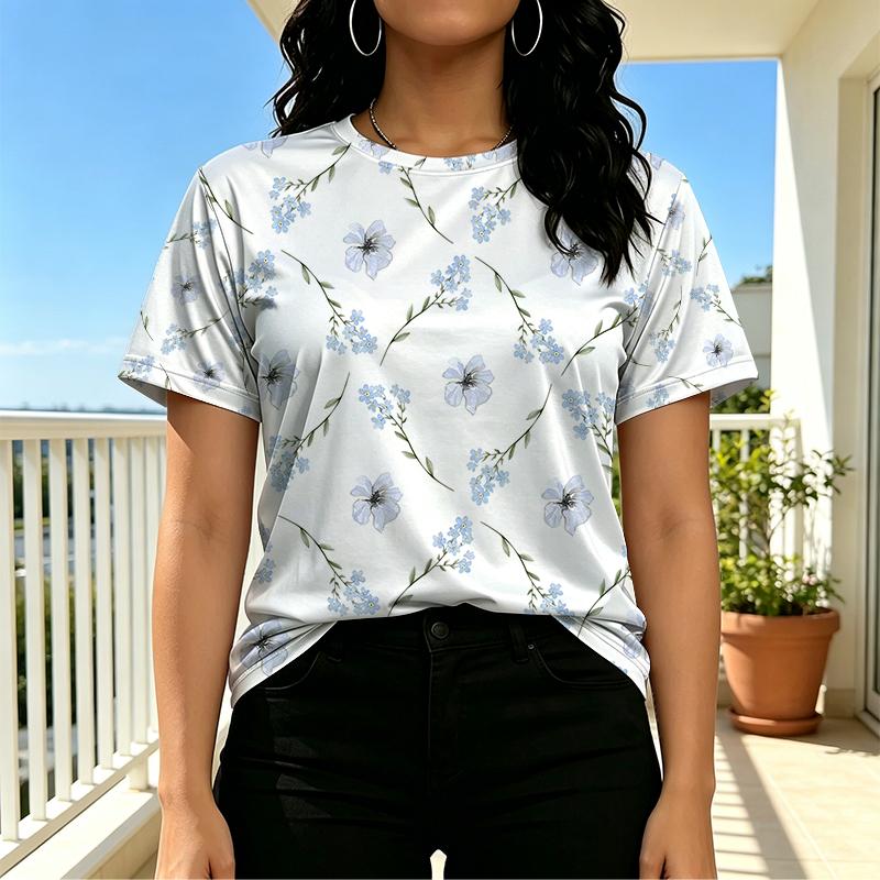 Women's Floral Short Sleeve Tee - Soft Loose Basic Top for Daily Casual Shopping, Comfortable Fashion Style