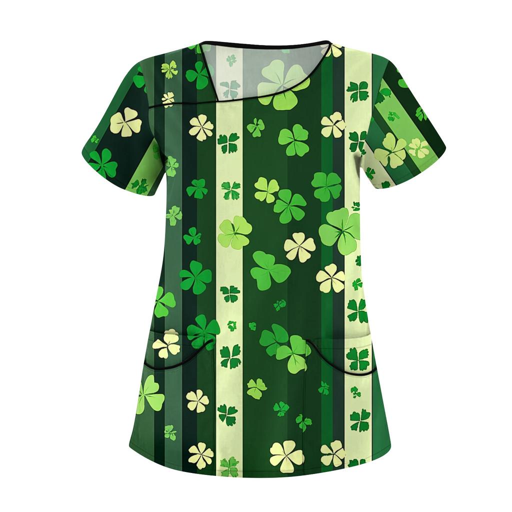 Haut de travail décontracté imprimé à manches courtes et col incliné pour femmes avec doubles poches