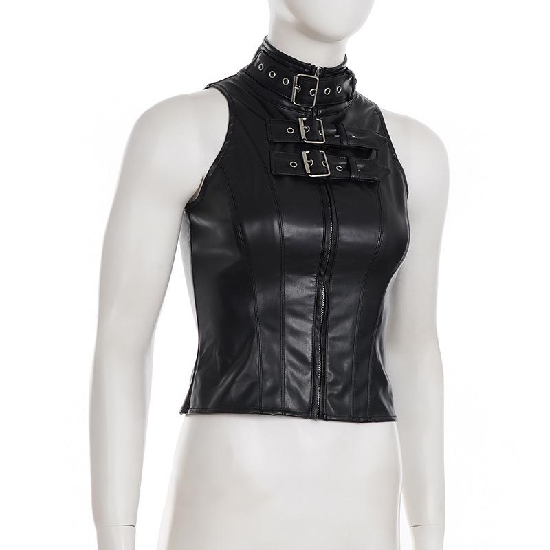 Gothic Punk Dark Style Leather Vest - Metal Decorated Sleeveless Top for Motorcycle & Cool Girl Group