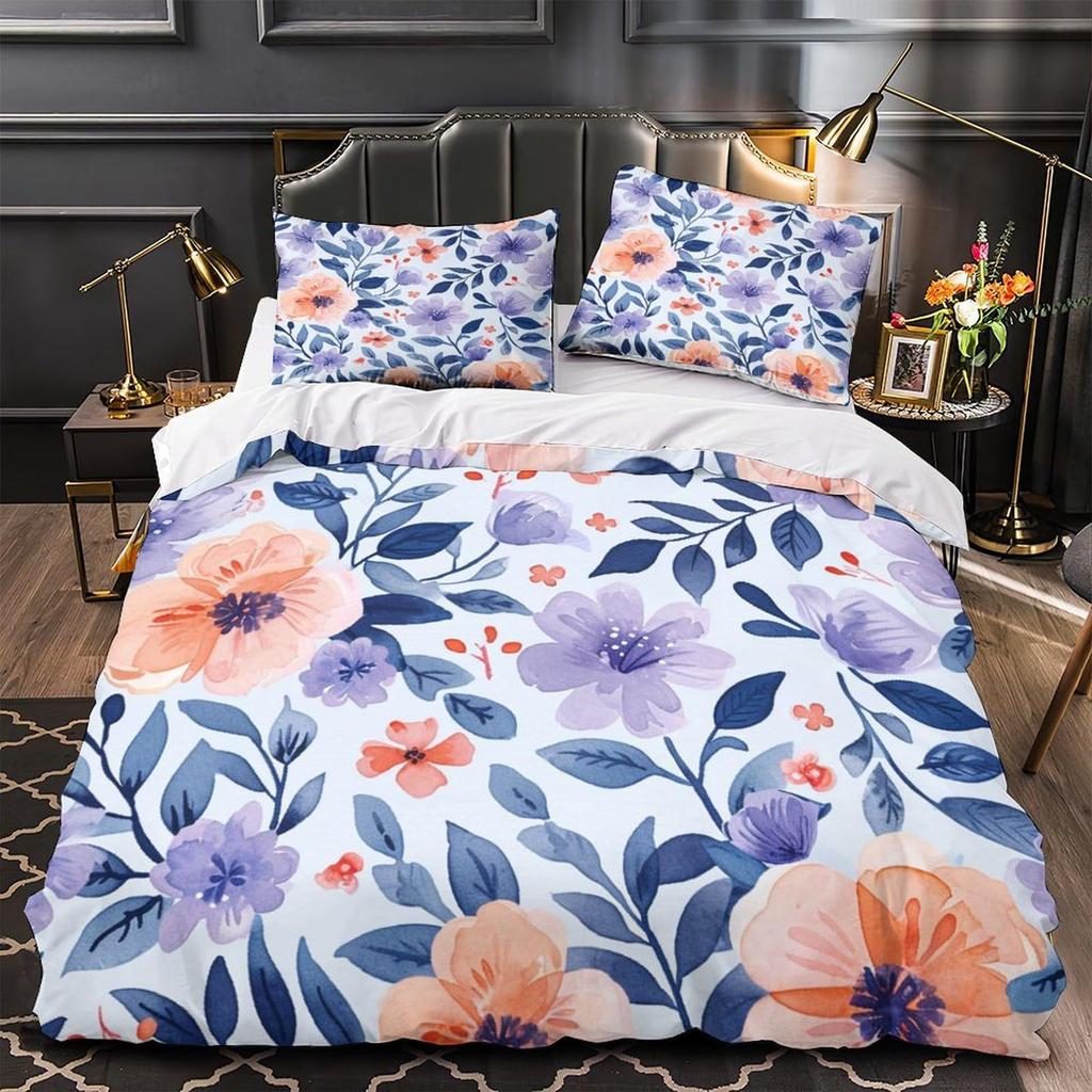Purple Flower Print Bedding Bedroom Set Duvet Cover With Pillowcase Three-Piece Set