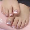 Square White French Tip Toe Nail Art with Rhinestone Heart Decoration