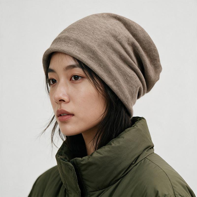 Unisex Korean-Style Double Layer Slouchy Beanie - Autumn/Winter Solid Color with Cloth Label
