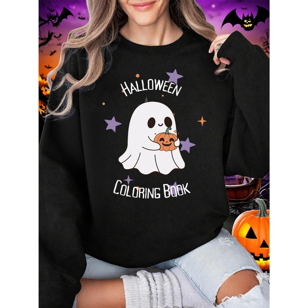 Halloween Coloring Book Printing Sweatshirts Women Winter Fleece Warm Hoodie O-Neck Loose Pullover Basics Sporty Womans Clothes