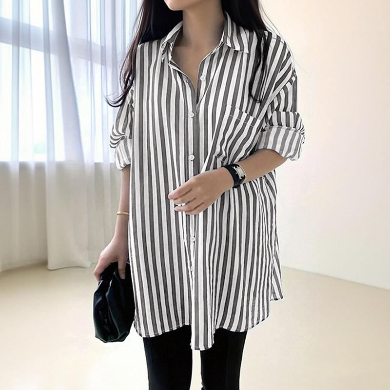 ZANZEA Women Turn Down Collar Long Sleeve Stripe Blouse