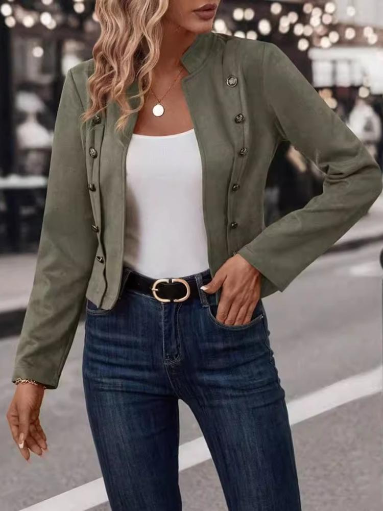 Solid color double breasted decorative jacket, new style deer suede retro long sleeved jacket