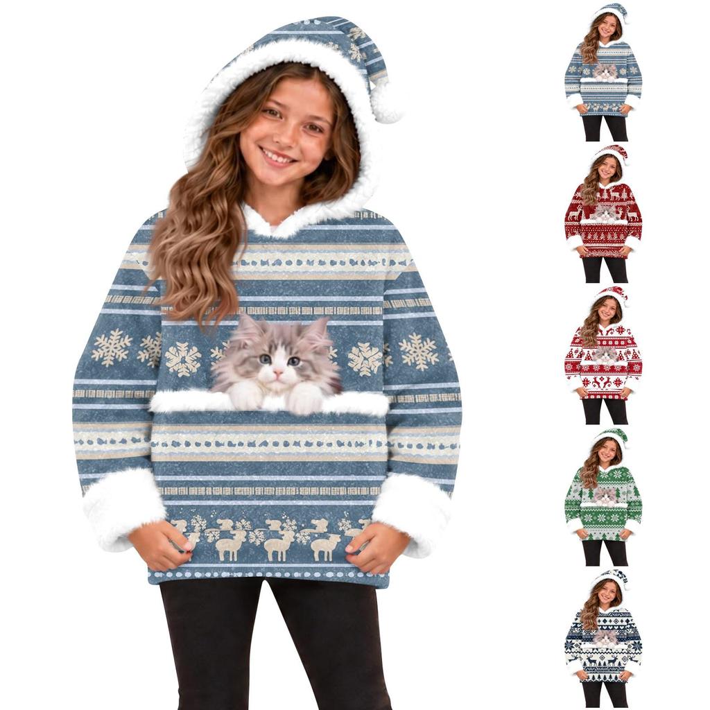 Kids Casual Christmas Pet Print Hooded Sweatshirt with Large Pocket for Holiday Wear