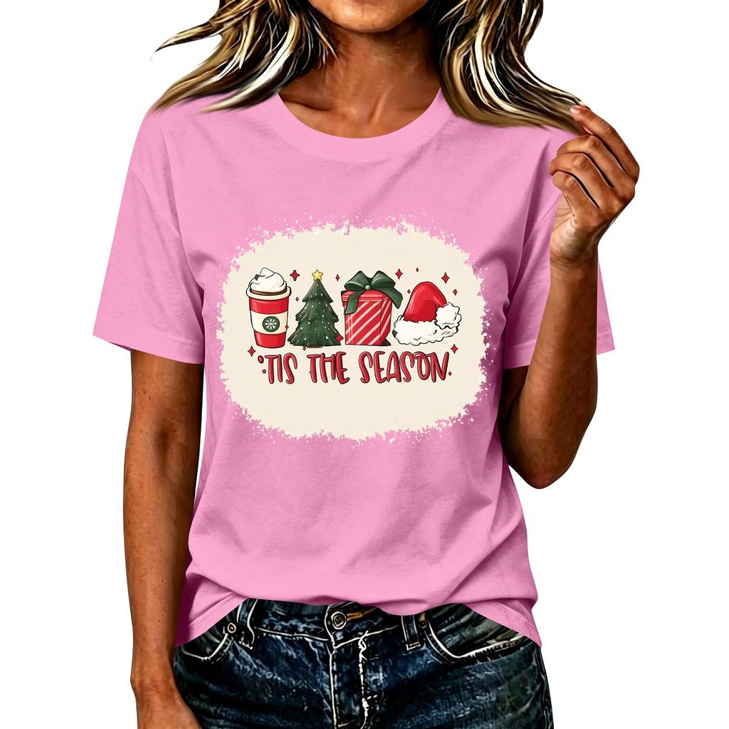Women's Casual Christmas Print Short Sleeve T-Shirt Fashion Graphic Top for Holiday