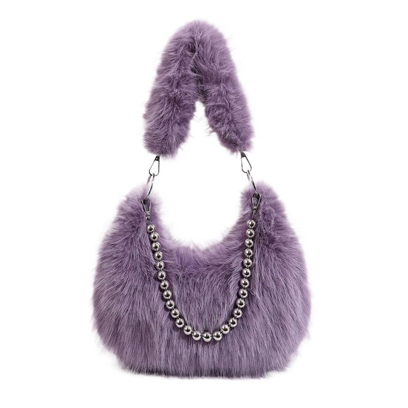 

2025 Autumn/Winter Fluffy Faux Fox Fur Pearl Chain Underarm Shoulder Bag 26x24x8 cm