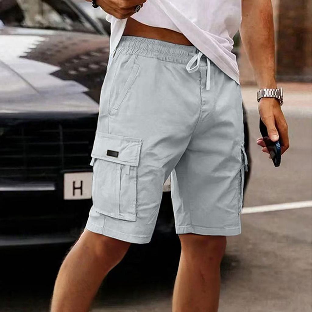 Men's Cargo Shorts Elastic Waist Drawstring  Casual Loose Solid Color Cargo Shorts With Six Pockets