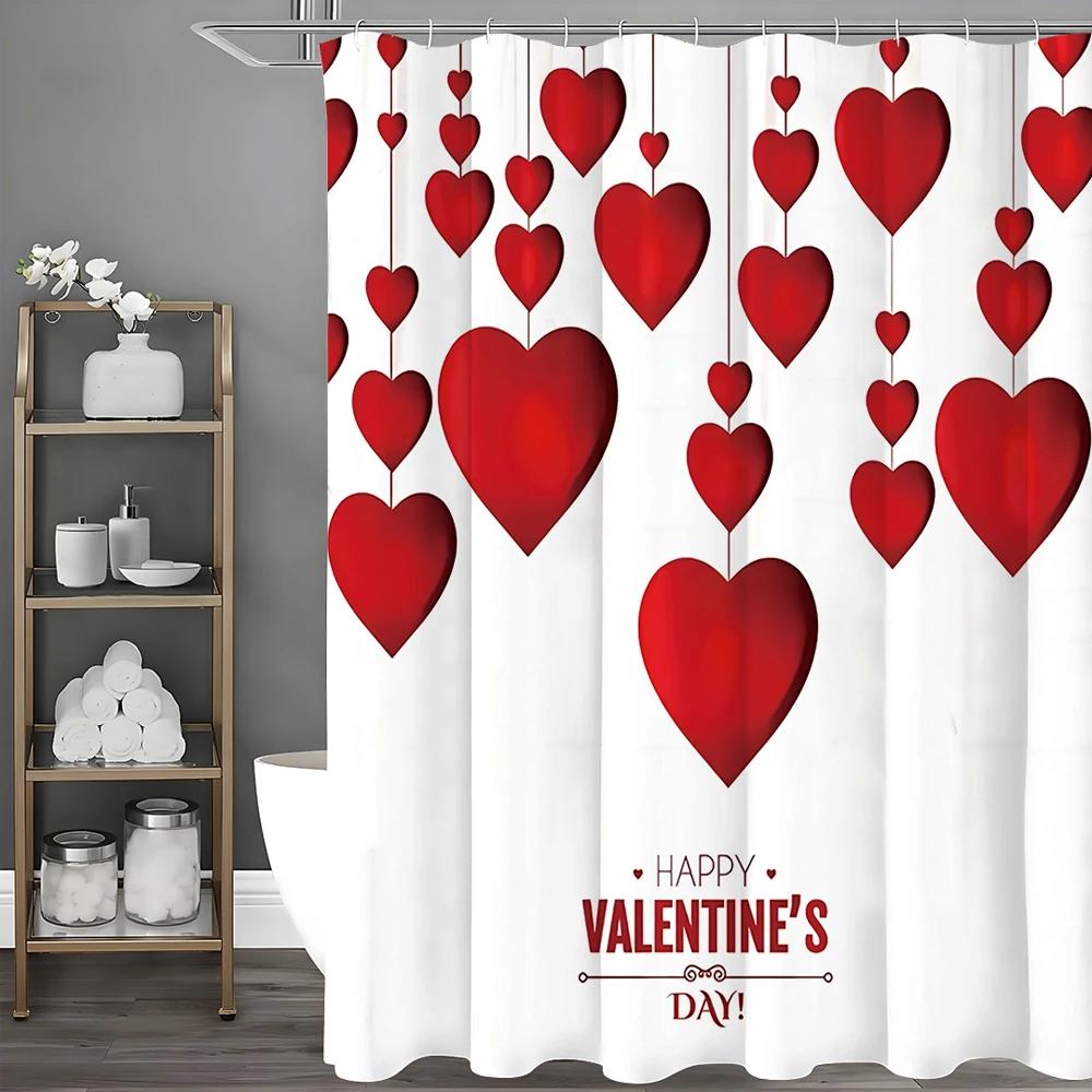 Valentýnský sprchový závěs s motivem lásky, Dekorativní sprchový závěs do koupelny, Vodotěsný sprchový závěs s háčky