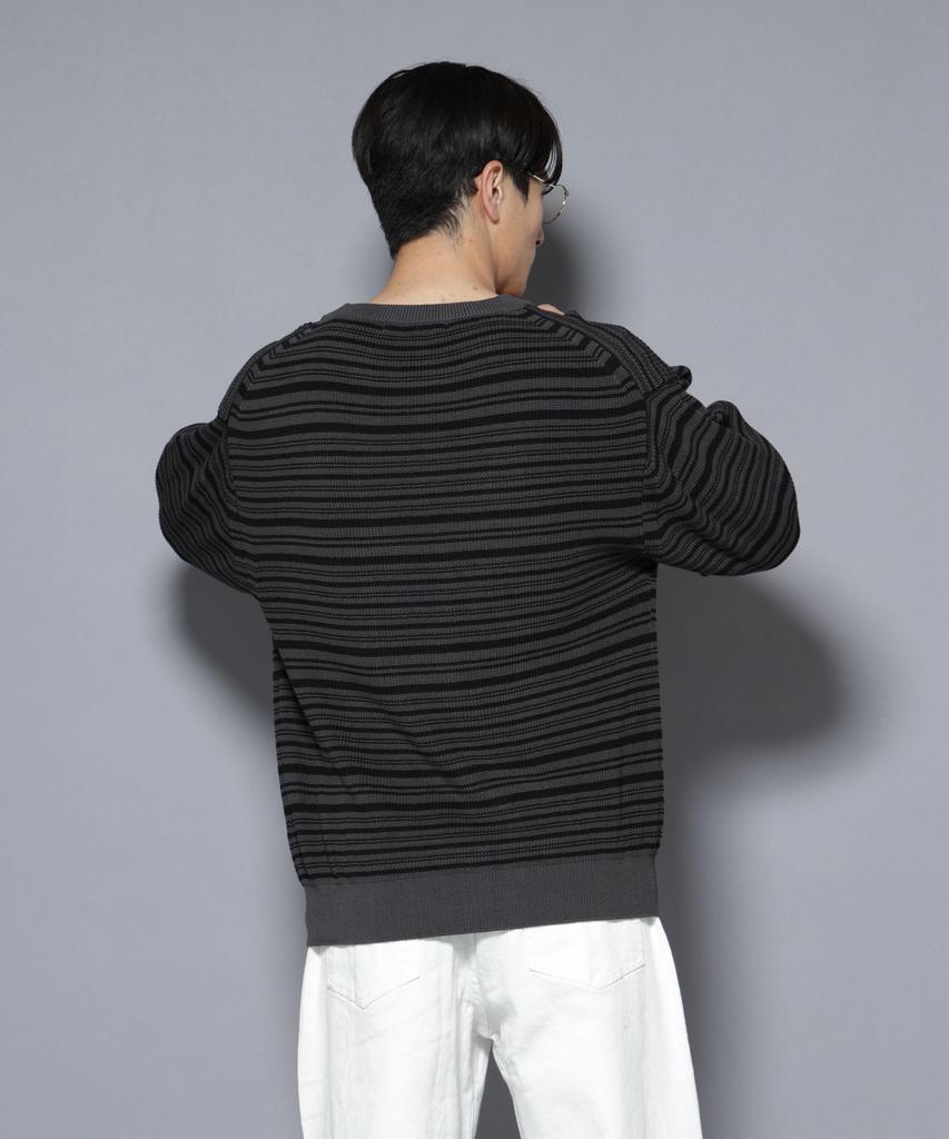 Nano Universe Mercerized Cotton Ribbed Striped Crew Neck Size Pattern Knit, Men's, M, 361, 2, 668-5222220