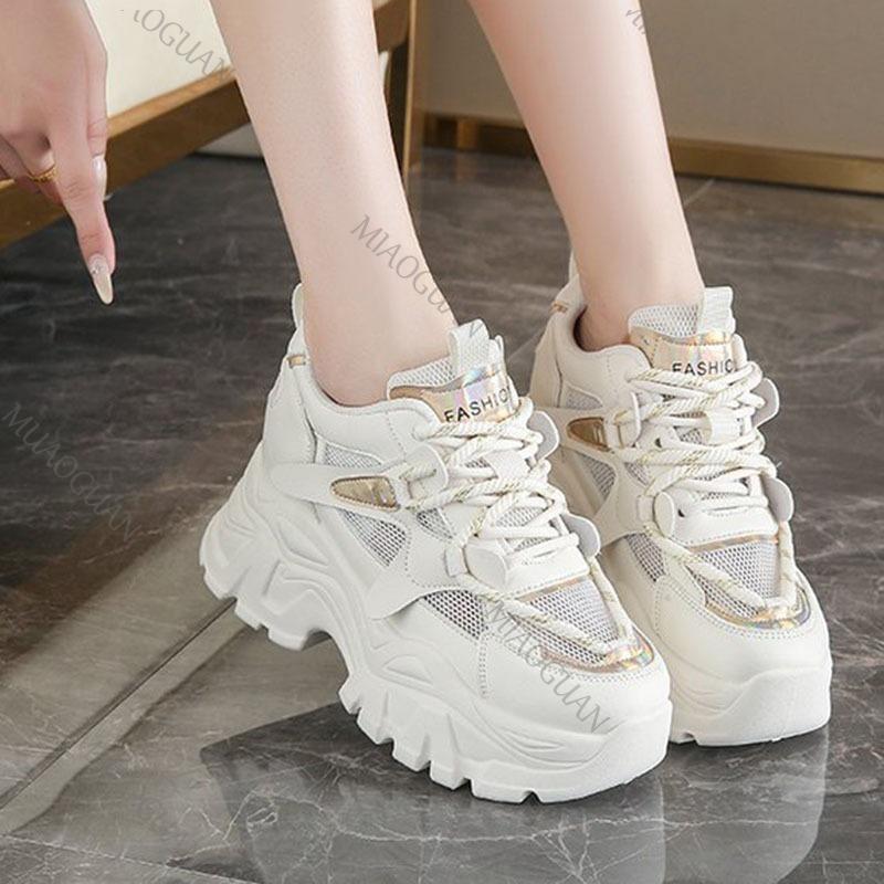 Fashion Breathable Mesh Chunky Sneakers for Women 2025 Spring Fashion White Platform Sports Shoes Woman Comfort Thick Sole Walking Shoes