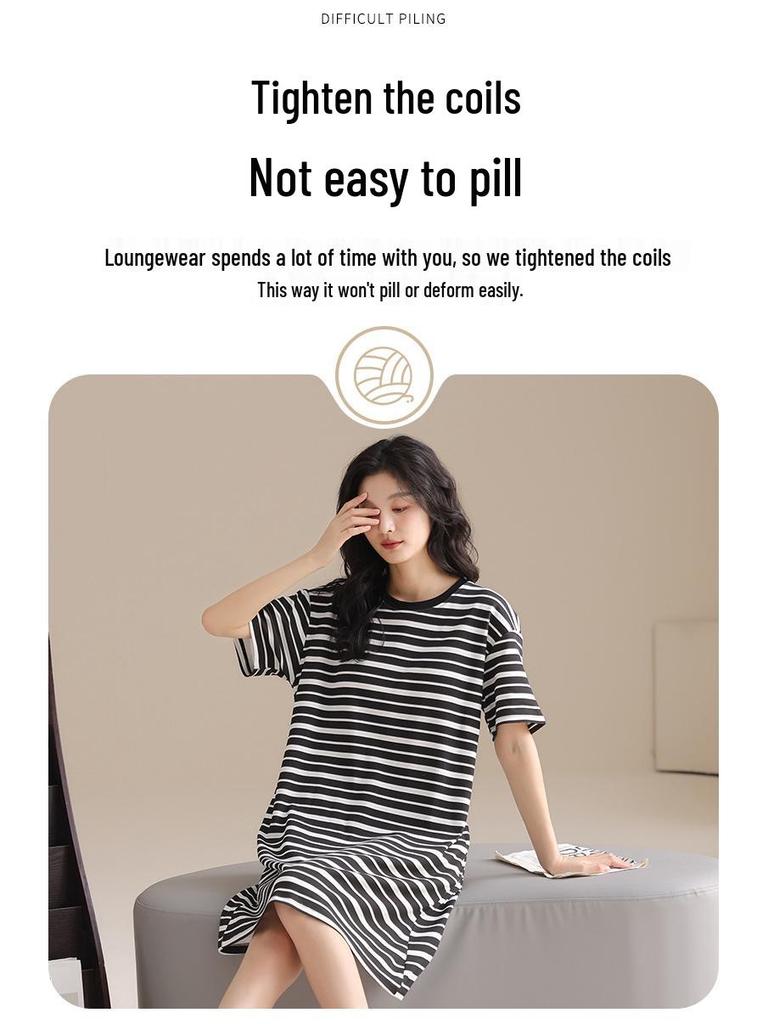 Women's Summer Cotton Round Neck Mid-Length Nightgown