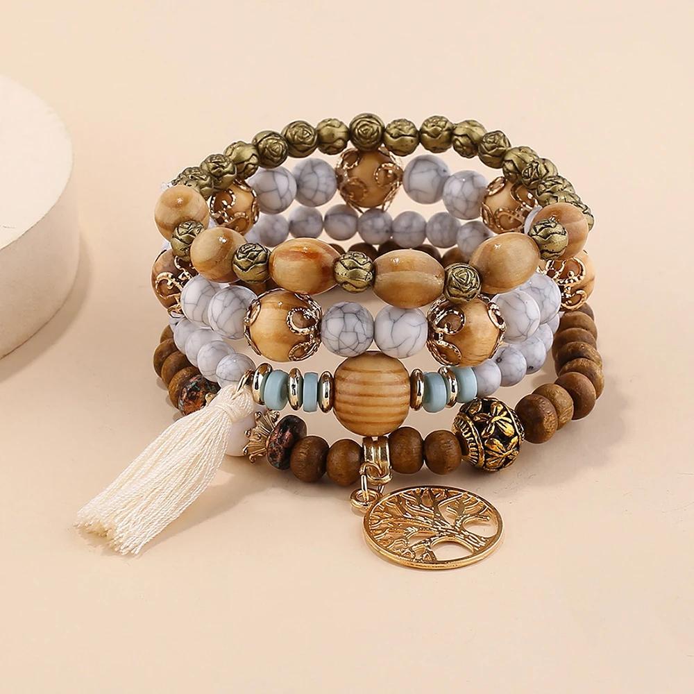 4ks/sada Boho dřevěný korálkový náramek sada pro ženy Tree Of Life Bílé střapce Charm Pružný řetízek Náramek Lady Bohemia Jewelry