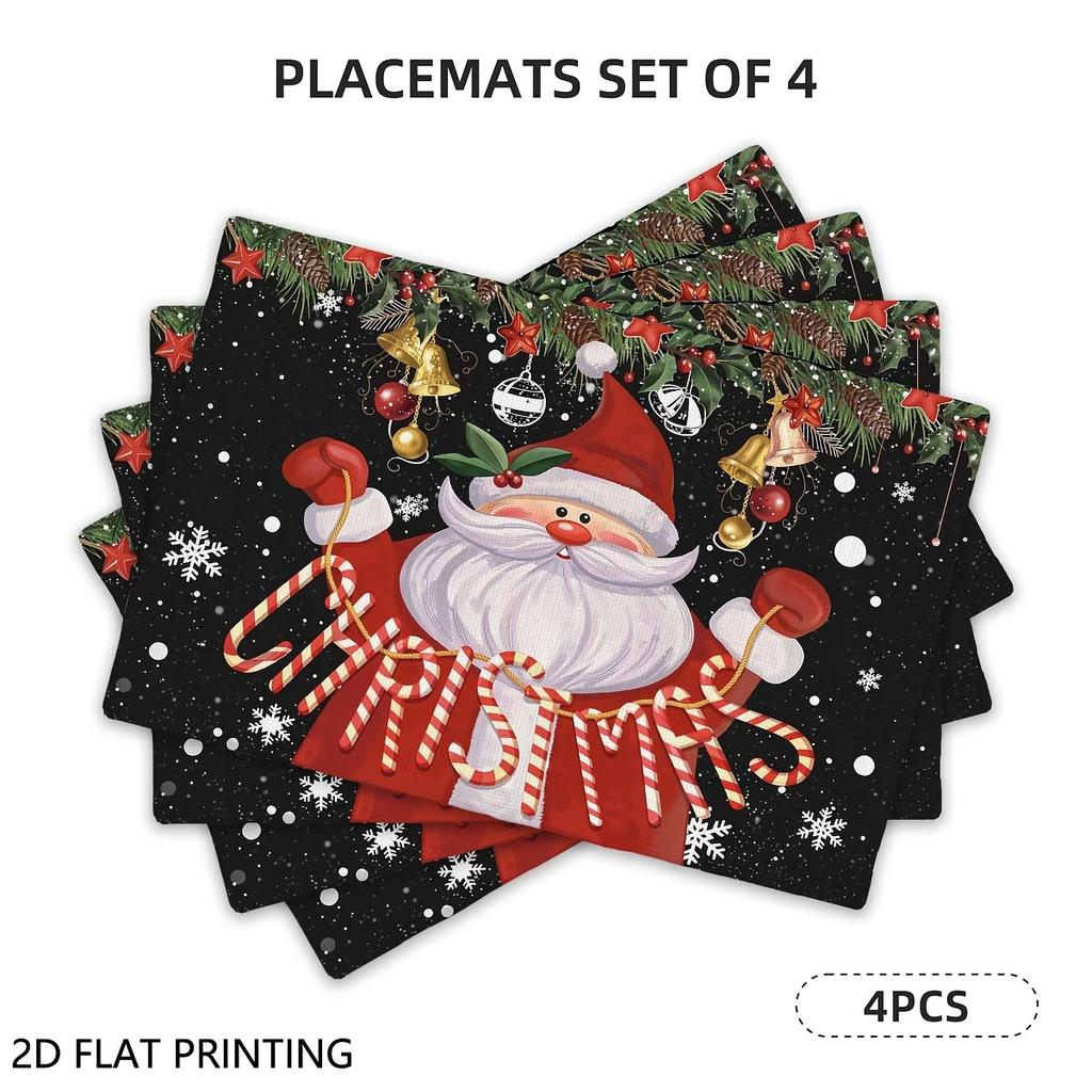 4pcs/6pcs, Christmas Placemat Set, Black Background Santa Placemats Table Decor, for Dining, Parties, And Holiday Gatherings Perfect Gift for Parents,