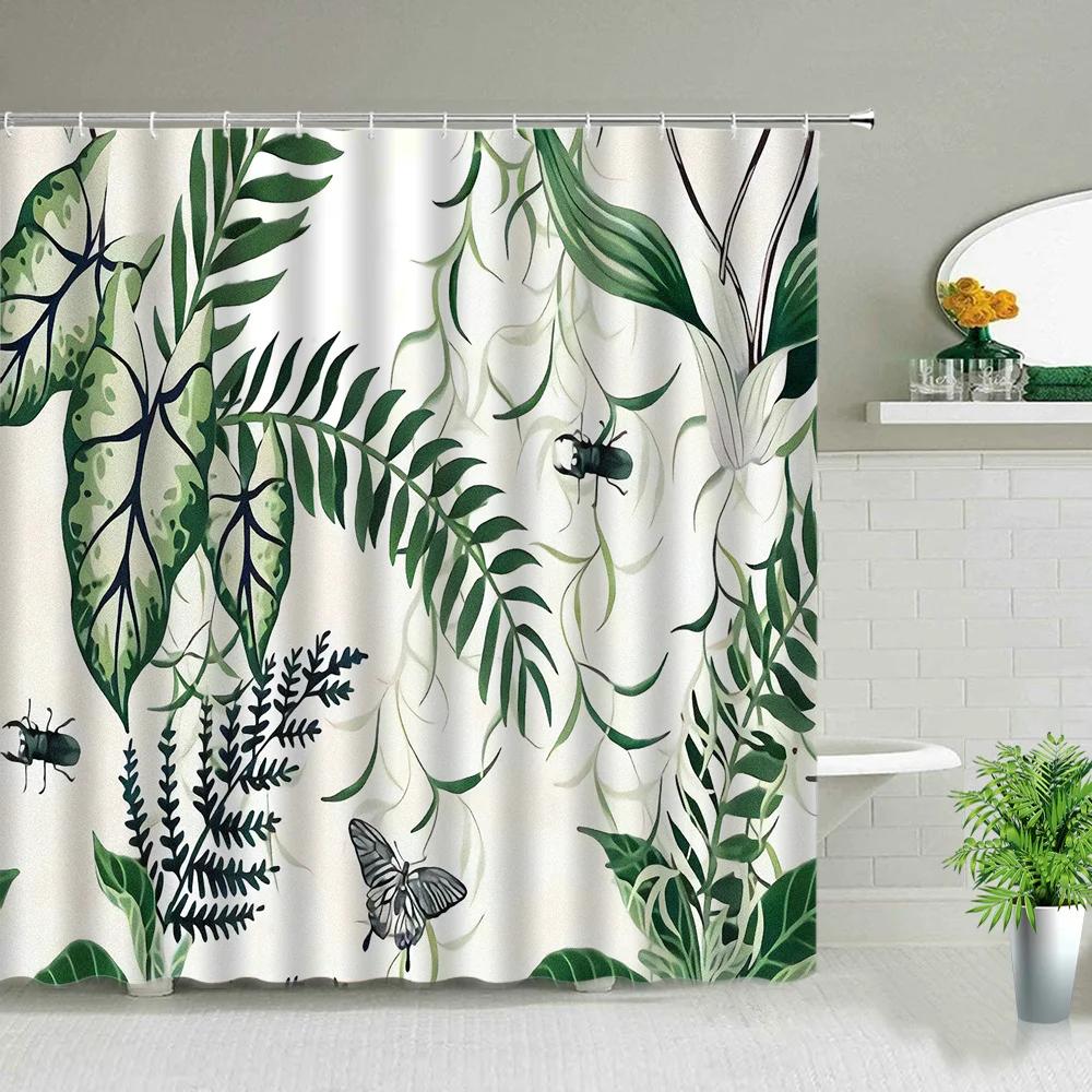 Green Leaves Printing Shower Curtain Tropical Plants Monstera Natural Scenery Bathroom Curtains With Hooks Bathtub Decor Screens