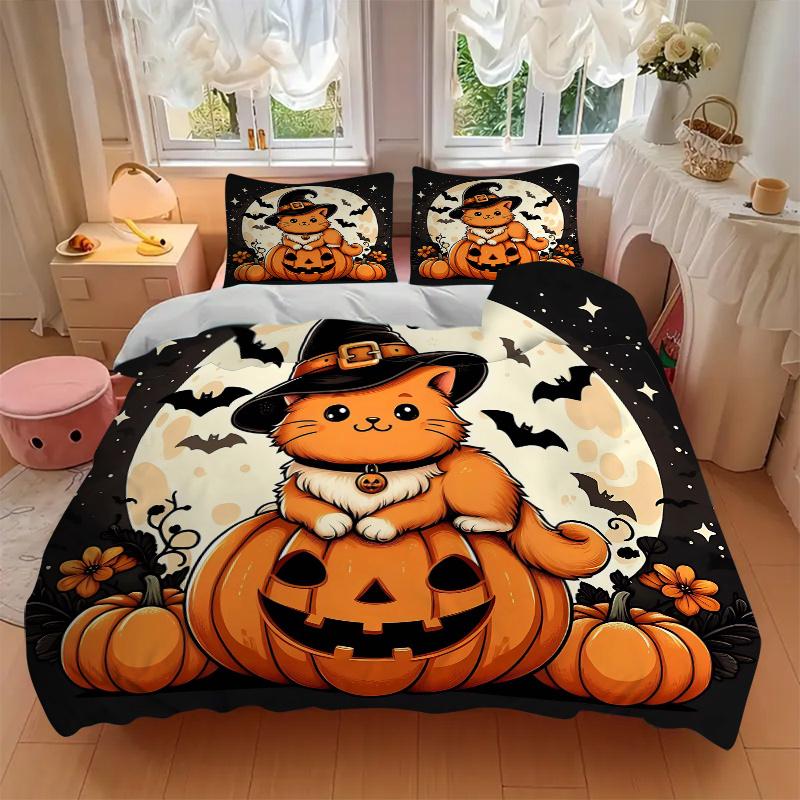 3pcs Moon Orange Cat Pumpkin Halloween Print Cover Set Ultra Soft, Breathable, and Comfortable Bedding with Stylish Design for Bedroom and Guest