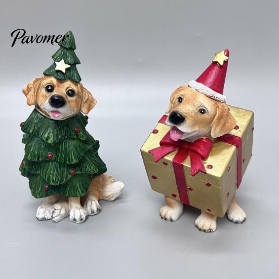 Resin Pet Decorations Christmas Dog Figurine, Puppy Statue in Tree & Gift Unique Themed Presents Box Costume, Festive Desktop Mantel Decor,