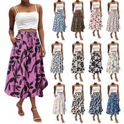 Saia Feminina Saia Bohemia Floral Cor Sólida Casual Temperamento Com Bolsos Saia