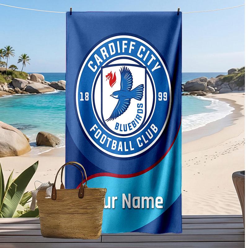 Cardiff City Personalized Printed Beach Towel Soccer Logo Support Custom Name Text Absorbent Towel For Sport Travel Special Gift