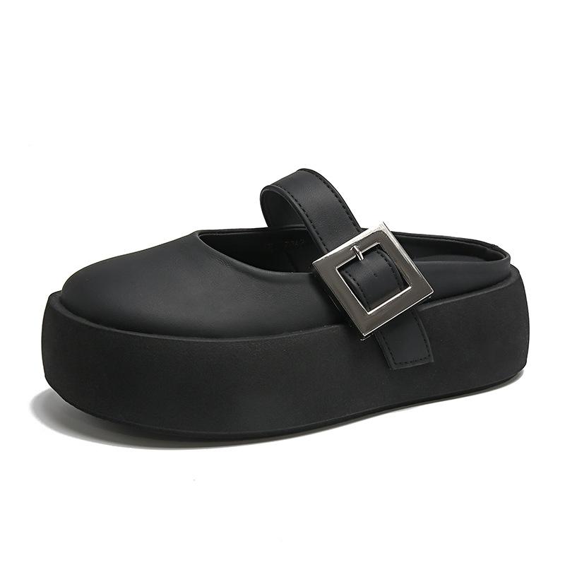 

Летние новые повседневные модные полутапочки baotou с одним словом, квадратной пряжкой, нишевый дизайн, кекс, толстая подошва, качающиеся, перетаскиваемые 40