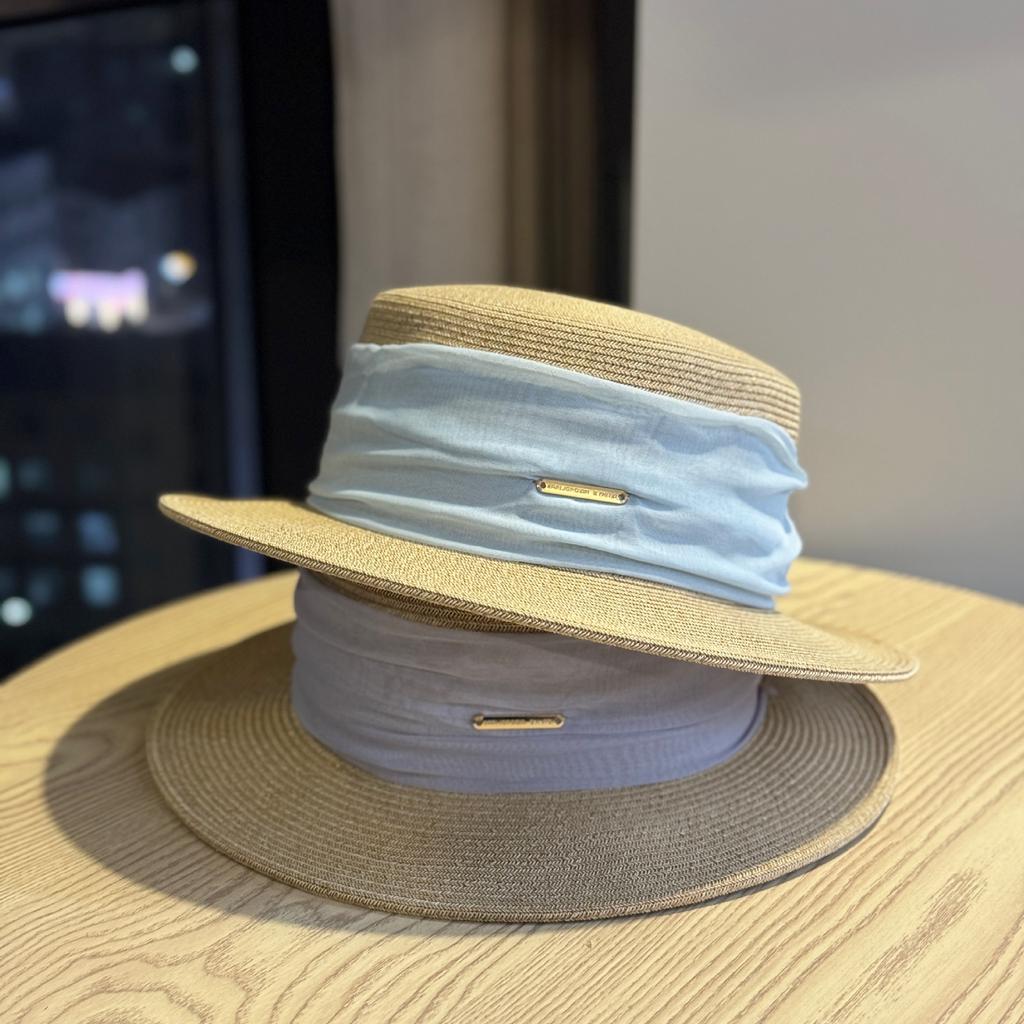 Retro French Straw Hat Women's Summer Seaside Sunshade UV Protection Pleated Flat Edge Hat Women's Sun Hat Flat Top Hat