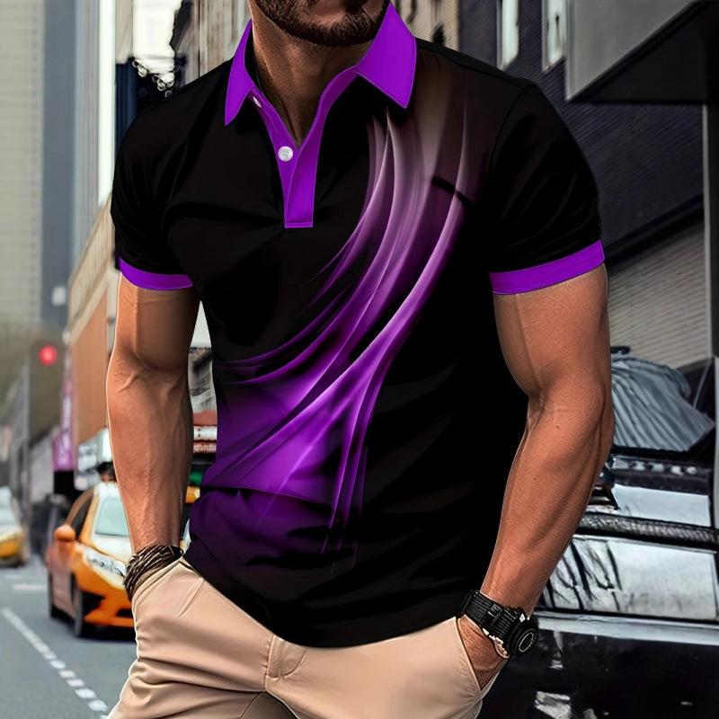 Men's black Polo shirt with purple gradient fluid pattern on the collar