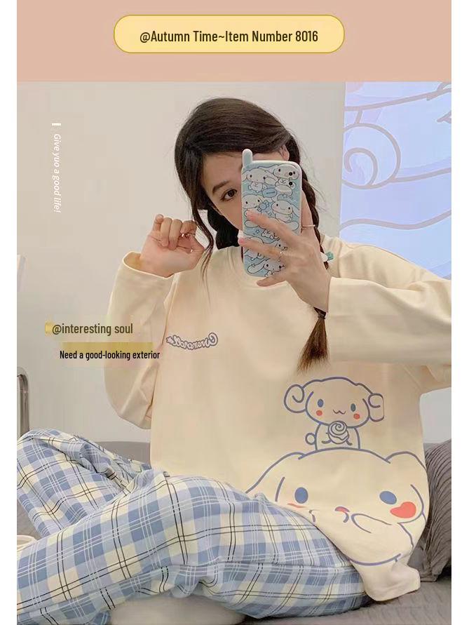 Women's Plus Size Cartoon Pajama Set: Long-Sleeve Spring/Fall Home Wear, Loose Fit, Suitable for Outdoors