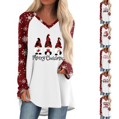 Women's  And Winter Long Sleeved V-neck Christmas Printing Casual Long Loose T-shirt Top