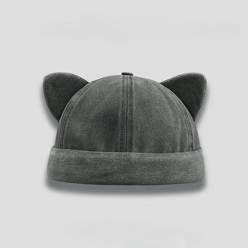 Cute Sweet Cat Ears Brimless Hat Personality Casual Solid Color Beanie Hat Cotton Breathable Washed Old Unisex Beanie Cap