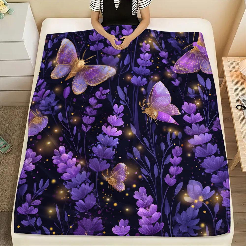Purple Flower Butterfly  Print Flannel Blanket, High quality Comfortable for All Seasons, Home Decor, Warmth and Comfort