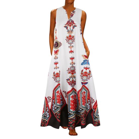 Plus Size?Bohemian Summer Beach Women Sleeveless V Neck Loose Kaftan Maxi Dress