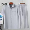 2Pcs/Set Men Summer Outfit Lapel Short Sleeve Single Breasted Shirt Elastic Waist Straight Wide Leg Long Pants Set Solid Color Casual Outfit