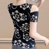 Summer Off Shoulder Women's Print Flower T-Shirt Sexy V-Neck Hot Diamonds Tops Chic Short Sleeve Fashion Blouse