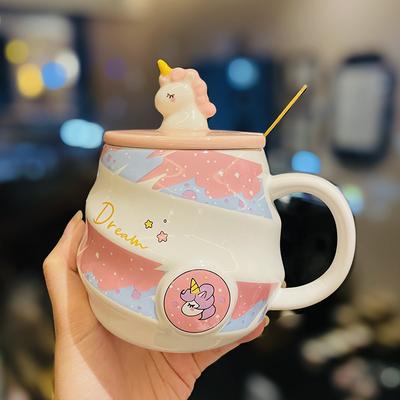 Cute Cartoon Unicorn Ceramic Mug with Lid Spoon  Girlish Home Drinking Cup Office Coffee Cup