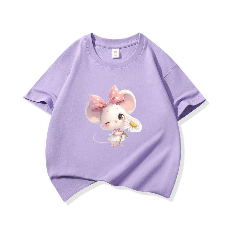 Kids Cotton T Shirt Adorable Mouse With Bow  Flower Print Crew Neck Short Sleeve Tee Casual Boys Girls Summer Tops