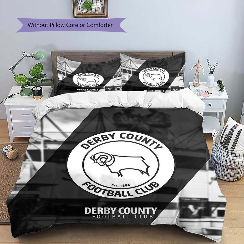 Derby County F.C Muster Bettwäsche Steppdecke Set Heimdekoration Geschenk (1 Bettbezug + 2 Kissenbezüge (ohne Füllung))