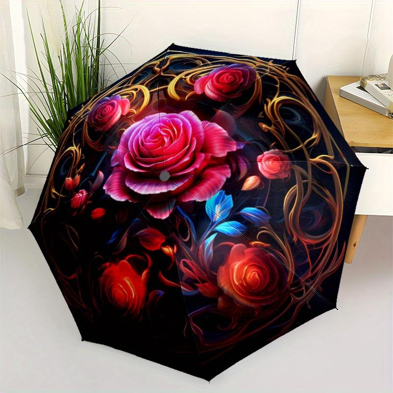 

1pc Automatic Folding Umbrella with 8-Rib Heavy-Duty Frame, Burgundy/Black/Golden/Pink/Blue/Purple/Red/White/Golden Leaf Desig (as the picture,iron&8K)
