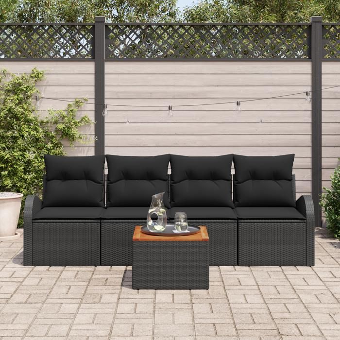 VidaXL Ensemble de canapé de jardin 5 pièces avec coussins Noir Poly Rotin Acacia 3356182