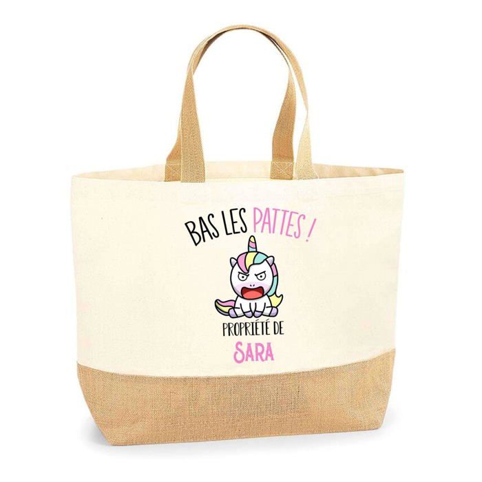 Sac cabas - PLANETEE - Sara Bas les pattes Licorne - Jute naturel - Anses solides - Imprimé en France