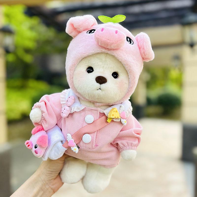 Medium Bear Outfit - Blue Pink Striped Carrot Overalls Set