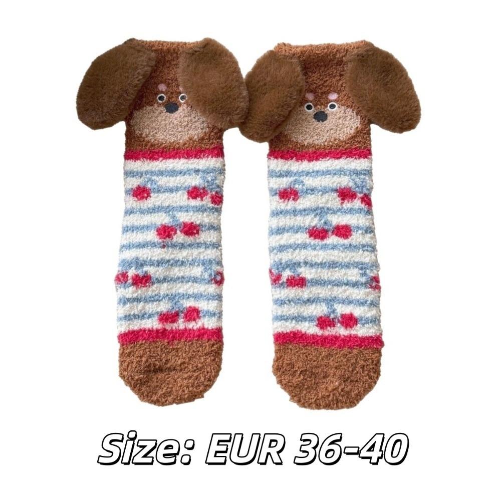 Calzini in pile corallo con orecchie da cucciolo a righe dolci Calzini in velluto ispessiti a pois cane Calzini morbidi caldi per pavimenti Donna