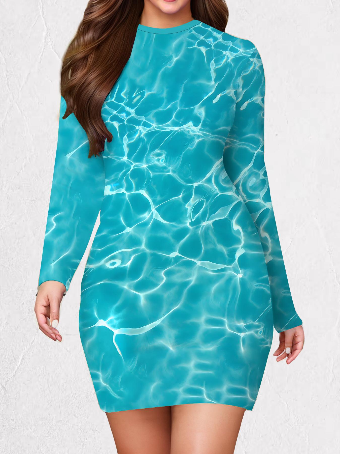 

2025 Осень и Зима Новое Женское Платье в Облипку, 3D Принт и Окрашивание Снежинок, Женское Модное Платье с Длинным Рукавом и Круглым Вырезом в Облипку XXL темно-синий